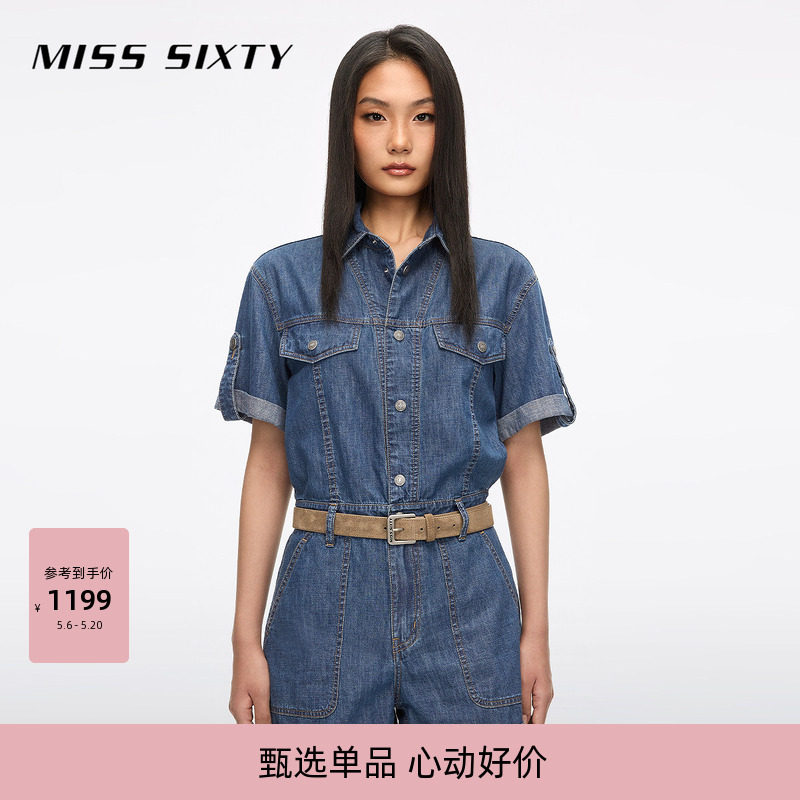 Miss Sixty2026夏季新款牛仔连体短裤女复古翻领短袖直