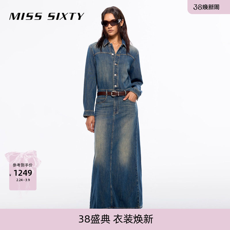 Miss Sixty含莱赛尔牛仔连身连衣裙女配腰带长袖复古后开衩工装