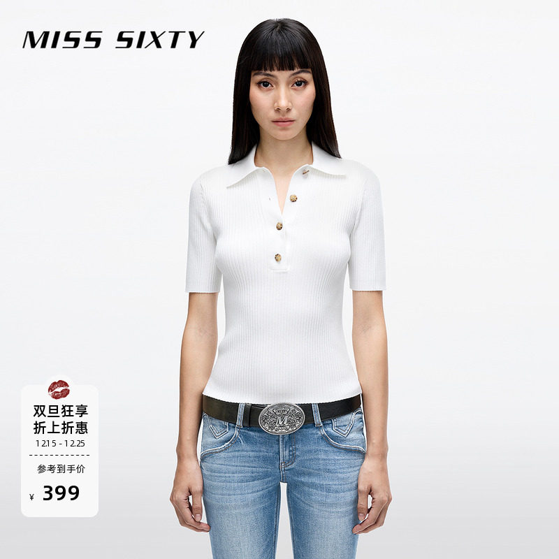 Miss Sixty25春夏新款含桑蚕丝针织衫Polo领短袖短款