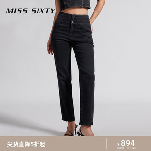 牛仔裤 Miss 新款 百搭休闲风 Sixty2024春季 女三环腰复古黑灰直筒裤