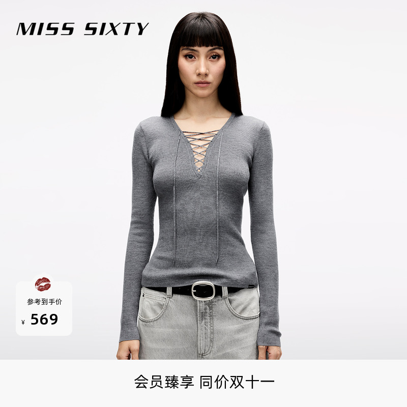 [大领口]Miss Sixty25春秋针织衫系带羊毛桑蚕丝混纺薄设计感休闲