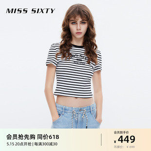 Miss 气质上衣显瘦 简约短袖 Sixty条纹T恤女黑白撞色百搭修身