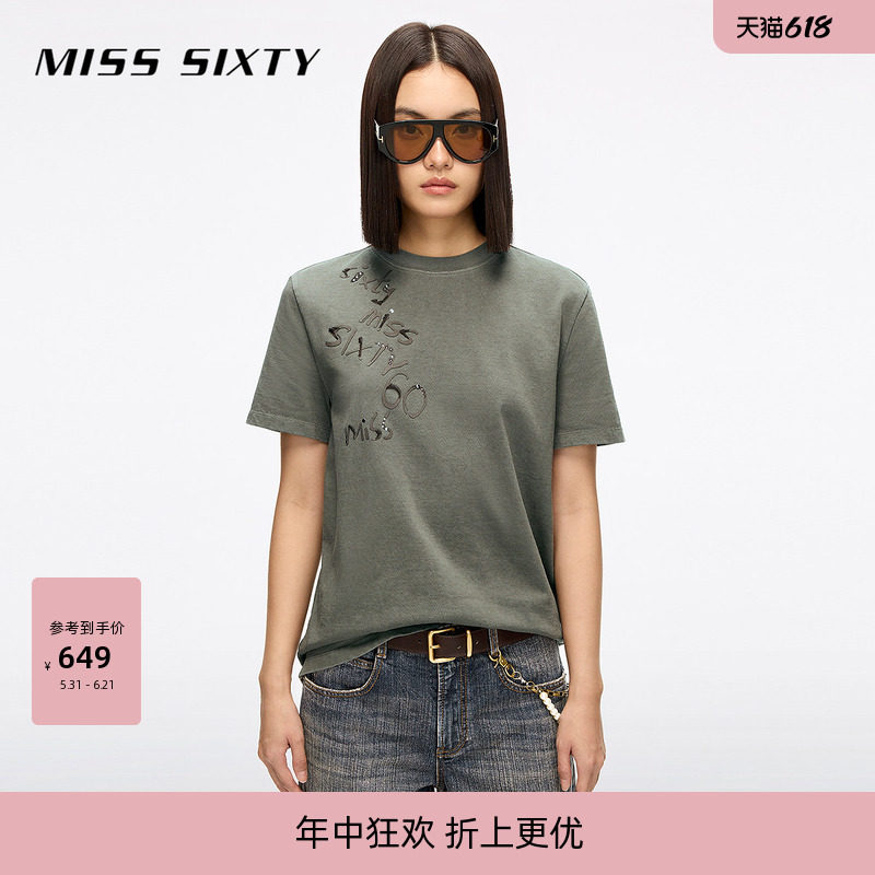 Miss Sixty棉质短袖T恤女圆领烫钻徽标拼贴设计显瘦休闲百搭上衣