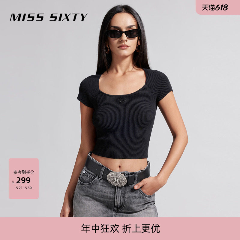 [修身]【含桑蚕丝】Miss Sixty春夏针织衫方领短露脐显瘦