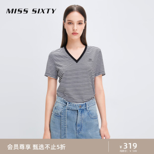 Sixty黑白条纹T恤女气质V领短袖 Miss 简约百搭休闲复古上衣