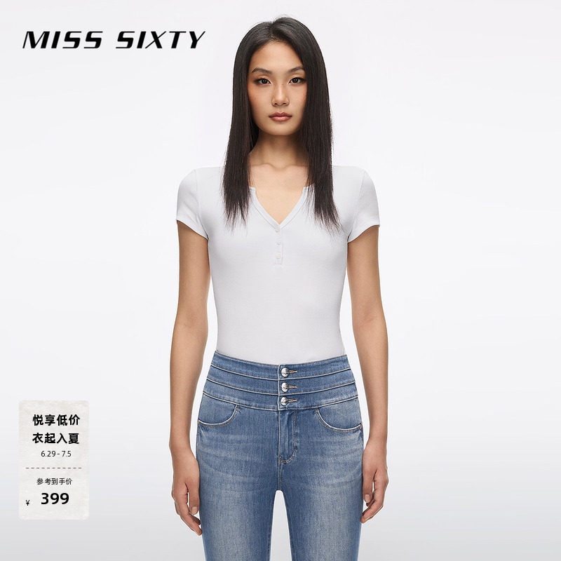 Miss Sixty2026夏季新款T恤女V领纽扣徽标纯色修身短