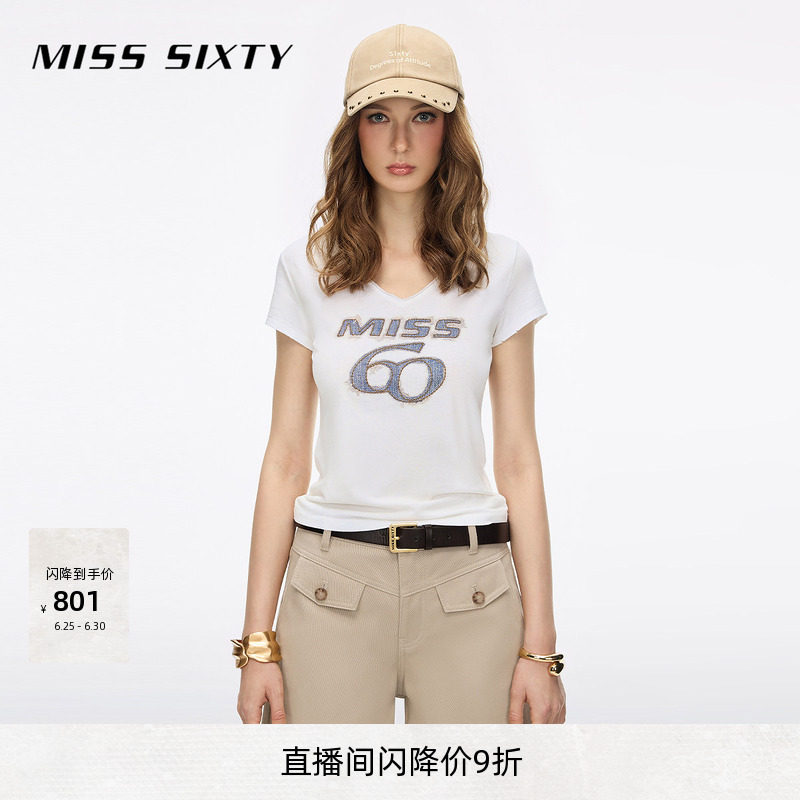 【含汉麻】Miss Sixty26夏季新款短袖T恤女V领徽标修身