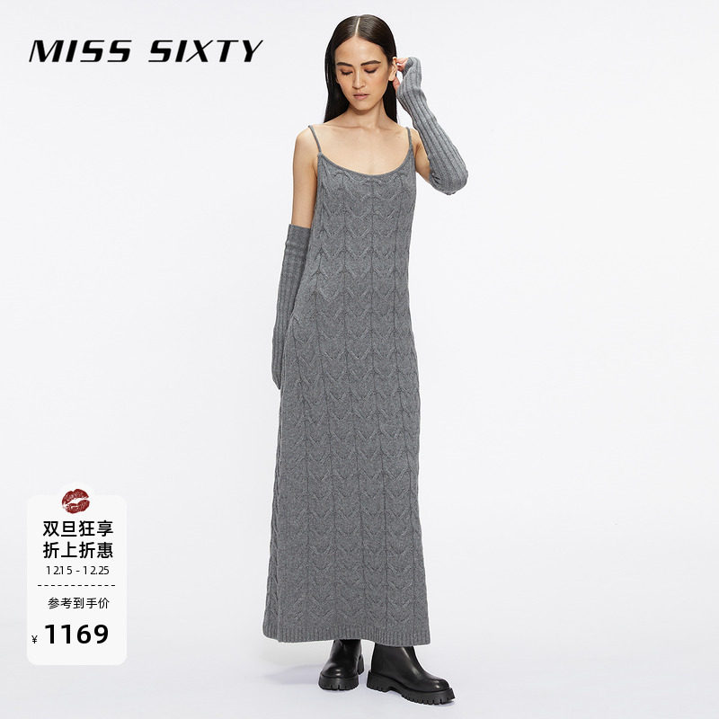 Miss Sixty绵羊毛针织连身连衣裙女复古麻花性感吊带裙附袖