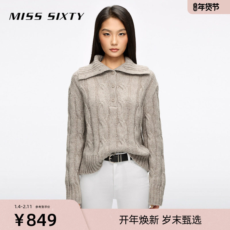 Miss Sixty25冬新款针织衫女polo领羊毛棉混纺长袖短款毛衣