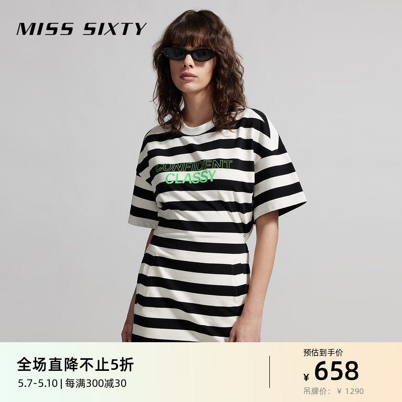 Miss Sixty2024夏季新款连衣裙女黑白撞色条纹百搭镂空性感休闲风