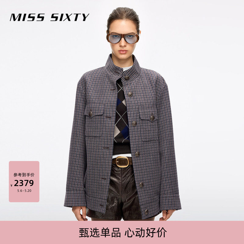 Miss Sixty冬季外套外搭女立领单排扣复古格子羊毛精纺呢宽