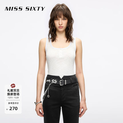 Miss Sixty2025秋季新款无袖T恤女U领坑条肌理感亨利领上衣薄背心