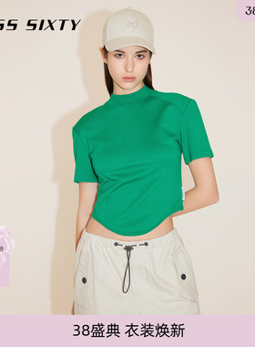 Miss SixtyT恤绿色短袖半高领鱼骨弧形下摆显瘦短款上衣含莱赛尔