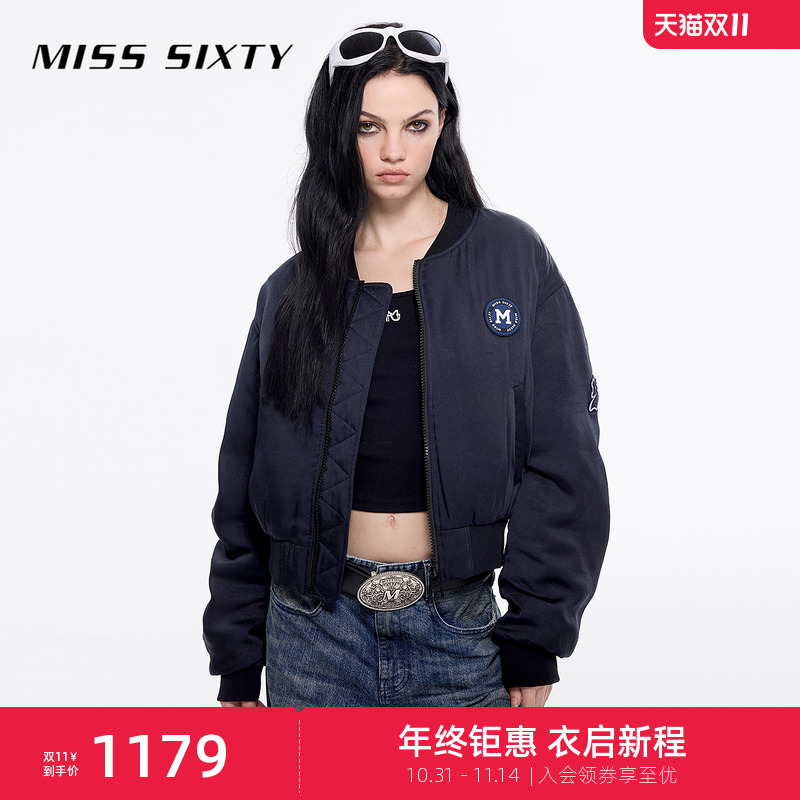 Miss Sixty夹棉外套美式运动棒球领短款棉服褶皱设计感休闲