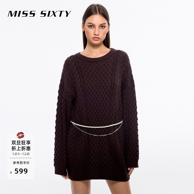 Miss Sixty附腰链羊毛针织衫上衣女圆领宽松长袖中长款两穿