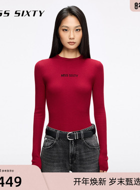 【新年穿搭】Miss Sixty25秋新款针织衫女羊毛桑蚕丝混纺红色毛衣