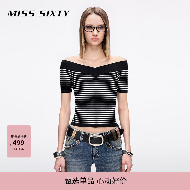 [一字肩]Miss Sixty2026夏季针织衫女V领短袖黑白撞