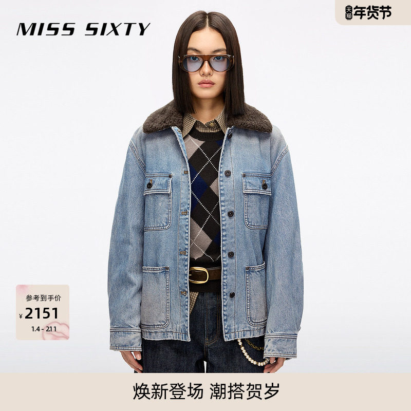 Miss Sixty2025冬季新款棉质牛仔外套女拼接领复古洗水工装巴恩风,女装/女士精品,短外套,淘宝优惠券,粉丝福利购,淘宝优惠卷