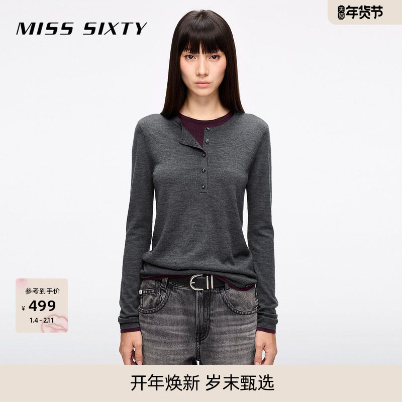 Miss Sixty25春秋羊毛桑蚕丝混纺针织衫女假两件上衣亨利衫毛衣,女装/女士精品,毛针织衫,淘宝优惠券,粉丝福利购,淘宝优惠卷