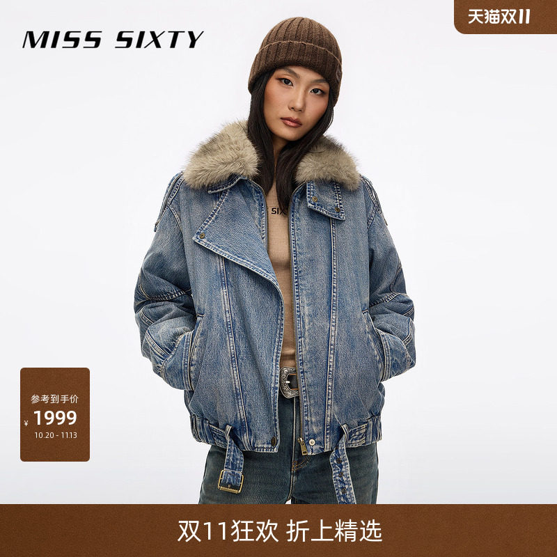 Miss Sixty2026冬季新款牛仔羽绒服女斜襟可拆卸仿毛领宽松外套