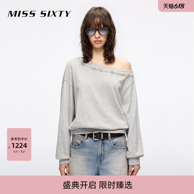 Miss Sixty秋季套头卫衣女重工钉珠钻饰性感斜肩上衣气质花灰色