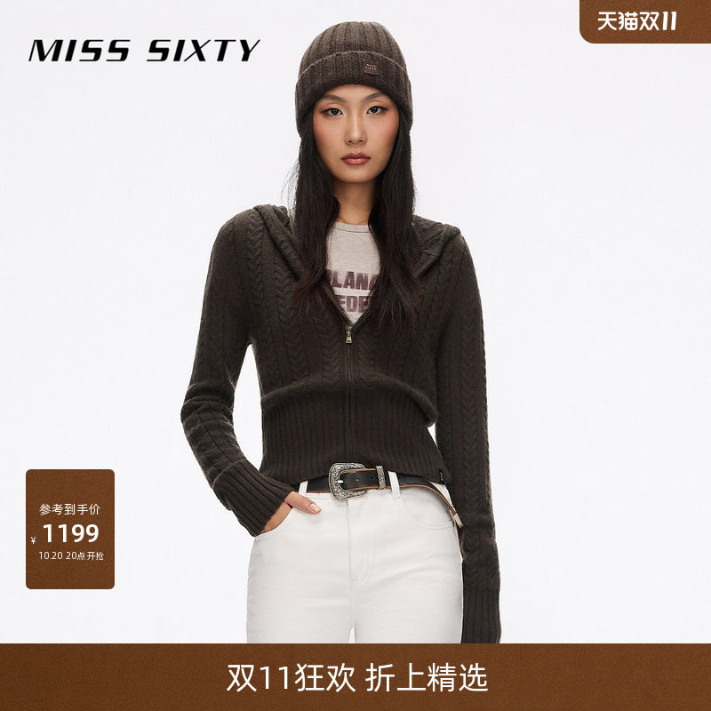 【100%山羊绒】Miss Sixty2026秋季新款针织开衫罗纹收腰连帽外套