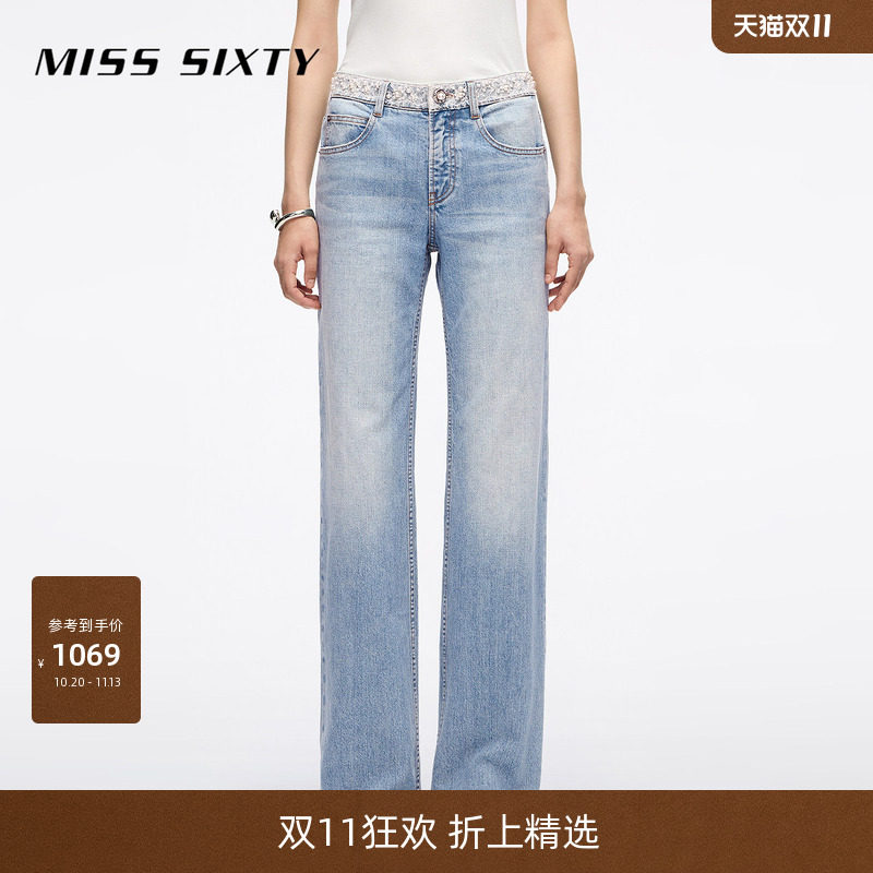【进口牛仔面料】Miss Sixty2026春夏牛仔裤女珍珠蕾丝直筒裤子