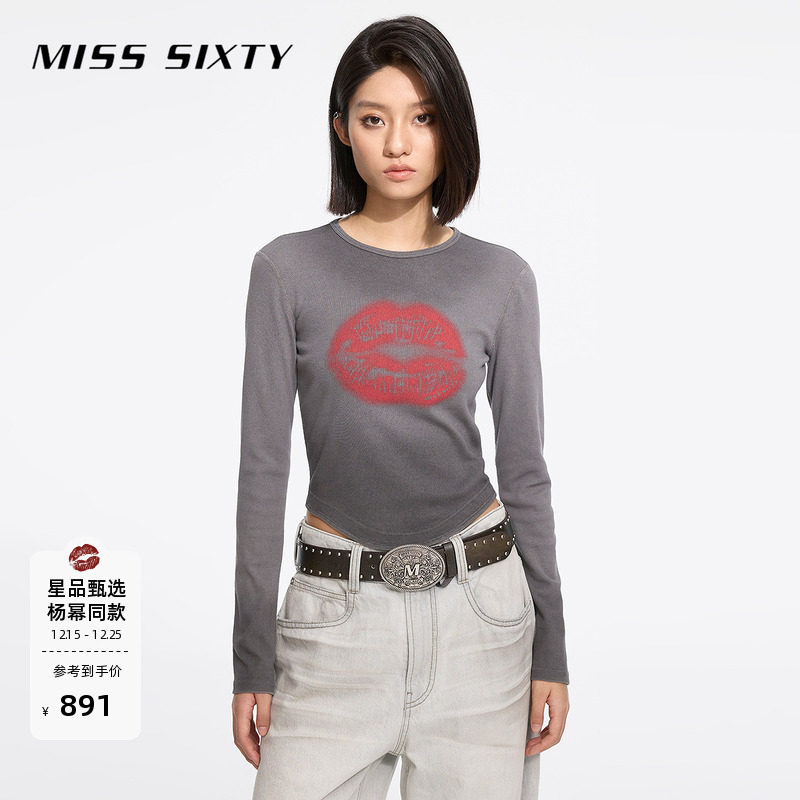 【杨幂同款】Miss Sixty2025春秋款T恤女唇印短款正肩
