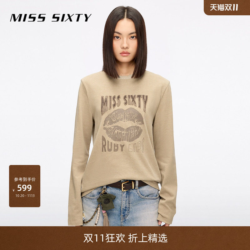 Miss Sixty秋季棉质长袖T恤女显瘦百搭上衣复古贴布绣唇印