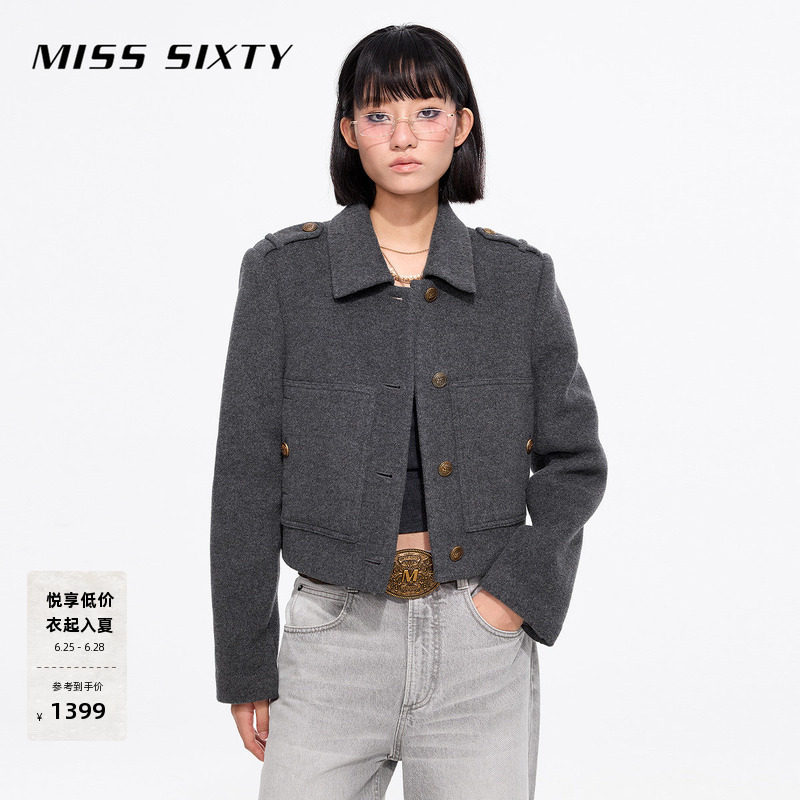 Miss Sixty春秋款呢料外套外搭翻领格雷系穿搭高智感通勤气