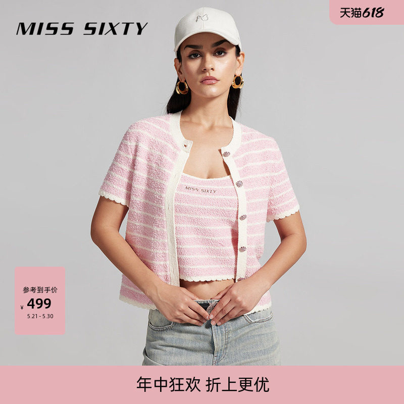 Miss Sixty圆领短袖针织衫外套法式小香风撞色条纹甜美气质