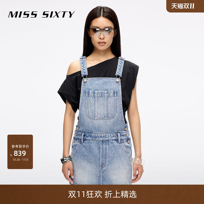 Miss Sixty牛仔背带连衣裙女复古磨破口袋减龄休闲百搭短裙