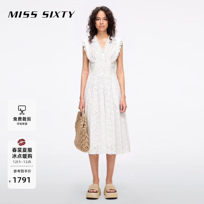 Miss Sixty25夏季新款无袖连身连衣裙女V领绣花边系带修