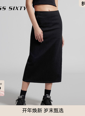 Miss Sixty纯棉牛仔半身裙女开衩设计显瘦百搭黑色通勤直筒长裙