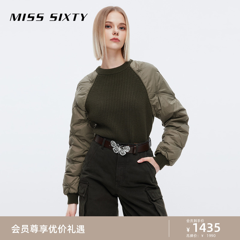 Miss Sixty针织衫女气质软糯圆领插肩袖拼接复古运动风卫衣毛衣