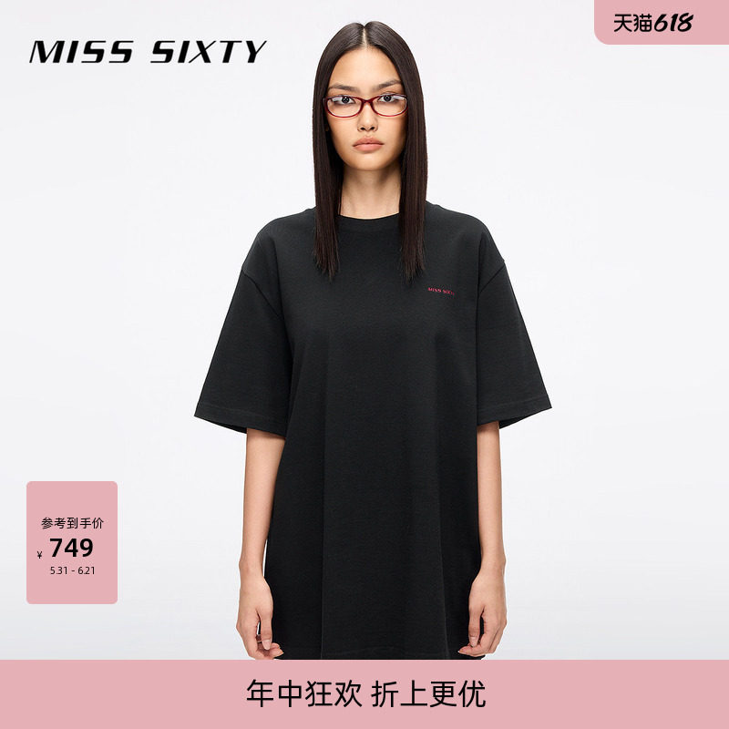 Miss Sixty2026夏季短袖T恤女圆领宽松长款上衣钉珠樱桃唇印时尚