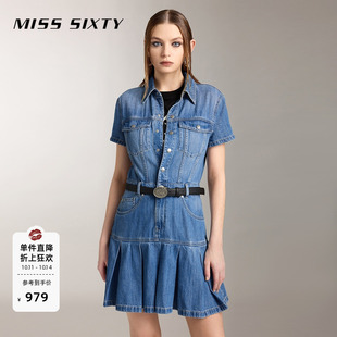 Miss Sixty牛仔连身连衣裙含莱赛尔百褶单排扣复古A字裙休闲