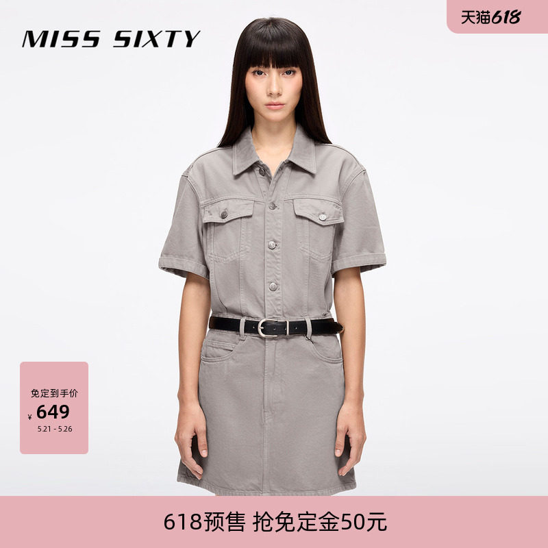 【免定金】Miss Sixty26春夏牛仔连衣裙配腰带翻领短袖工装短裙
