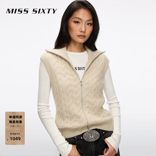【山羊绒】Miss Sixty2026秋季新款针织背心女无袖双拉链绞花马甲