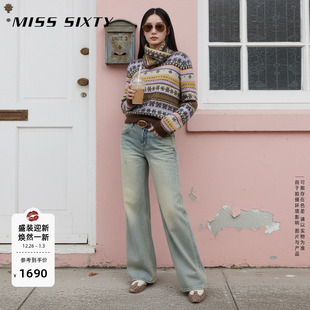 女中腰复古做旧洗水撞钉显瘦喇叭裤 Miss 牛仔裤 新款 Sixty2026春季