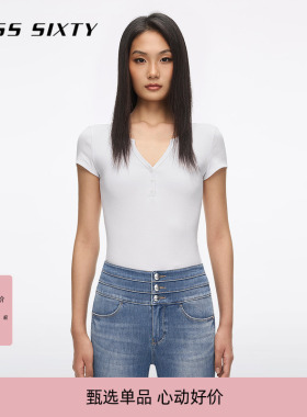 Miss Sixty2026夏季新款T恤女V领纽扣徽标纯色修身短款休闲上衣