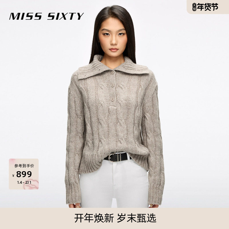 Miss Sixty25冬新款针织衫女polo领羊毛棉混纺长袖短款毛衣
