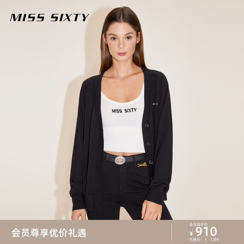 Miss Sixty2024春季新款针织外套女简约V领显瘦通勤纯色毛衣开