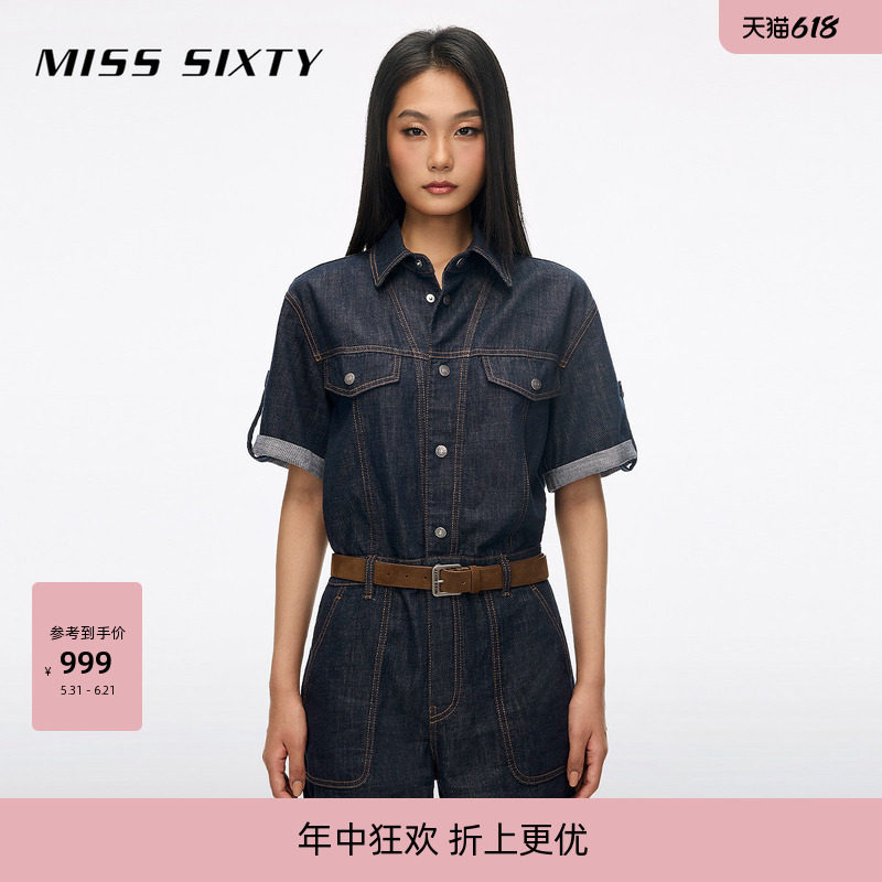 Miss Sixty2026夏季新款牛仔连体裤女翻领附腰带单排扣复古风短裤
