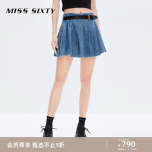 Miss 含汉麻牛仔半裙女高腰显瘦百褶裙短裙复古拼接腰带 Sixty夏季