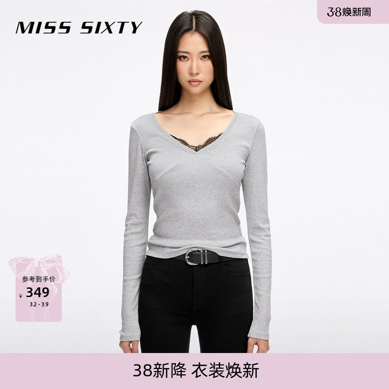 Miss Sixty2026春季新款长袖T恤女复古蕾丝拼接性感修身短款上衣
