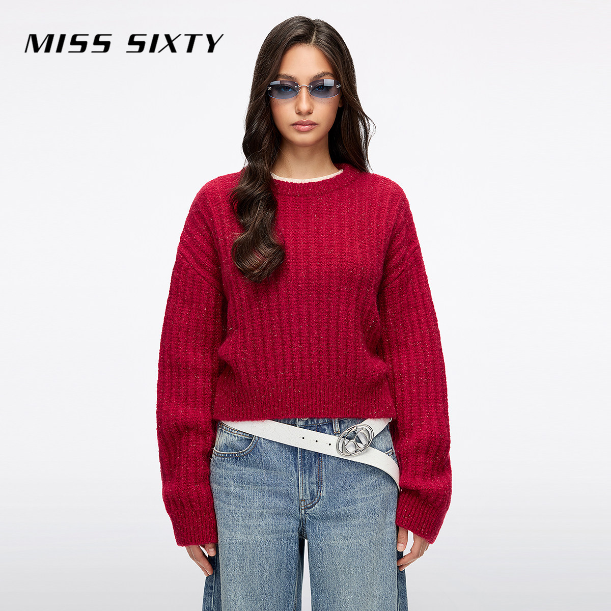Miss Sixty2026春夏新款马海毛针织衫女柳条肌理红色短
