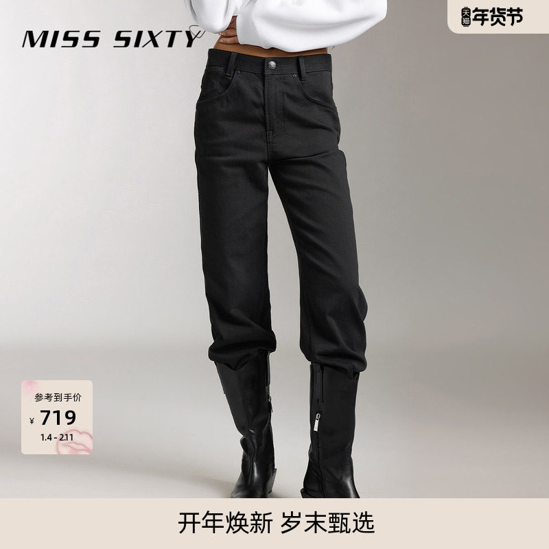 Miss Sixty牛仔裤女黑色直筒裤显瘦休闲百搭美式复古工装裤设计