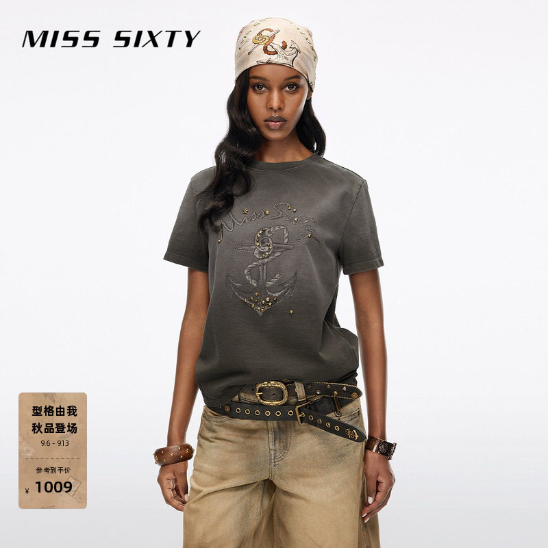 Miss Sixty2026秋季新款T恤女圆领航海风印花金属撞钉装饰短袖T恤