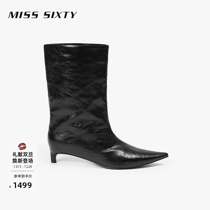 Miss Sixty2025秋季新款靴子女尖头细跟中跟筒靴黑色牛